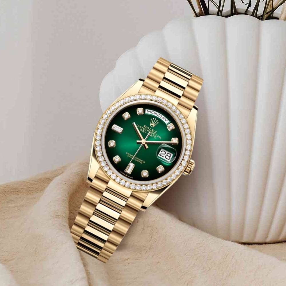 Rolex Day Date 36mm - Ref: 128348rbr-0035 - Green Ombre Diamond Dial & Diamond Bezel, 18K Yellow Gold President Bracelet Watch