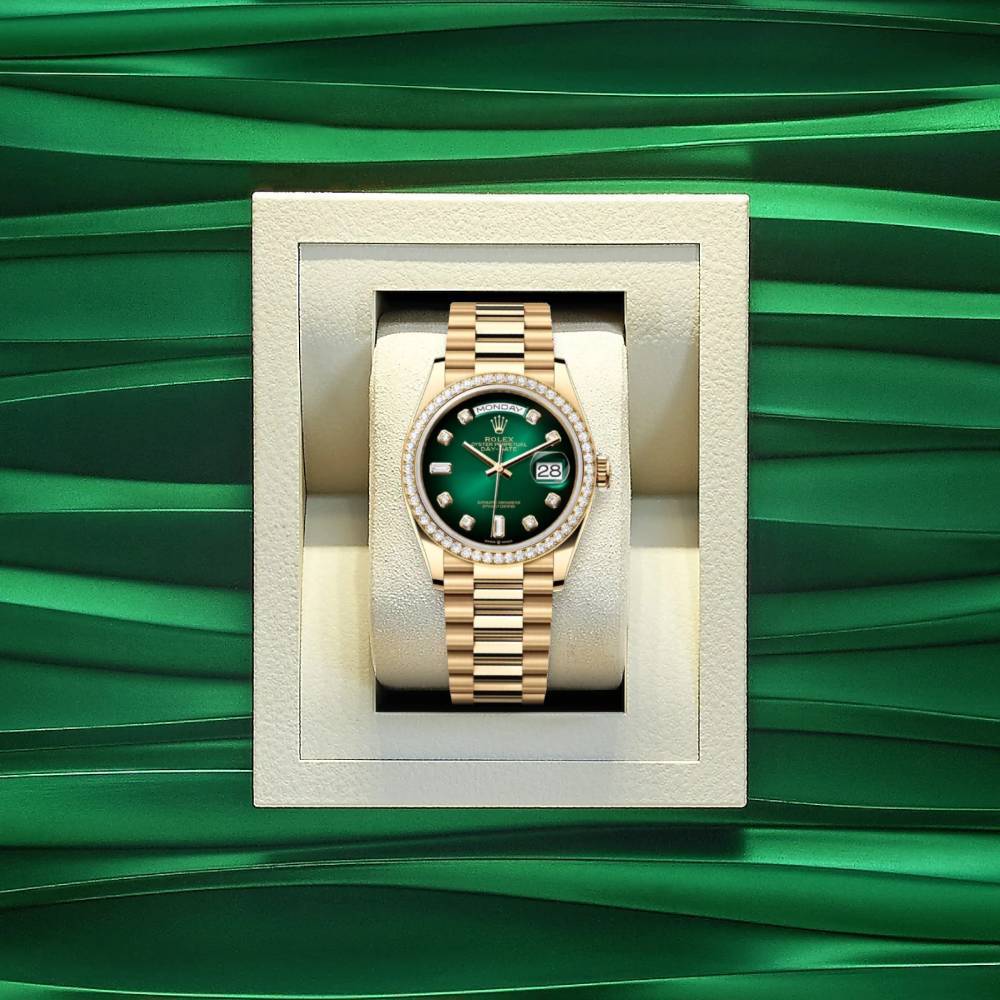 Rolex Day Date 36mm - Ref: 128348rbr-0035 - Green Ombre Diamond Dial & Diamond Bezel, 18K Yellow Gold President Bracelet Watch