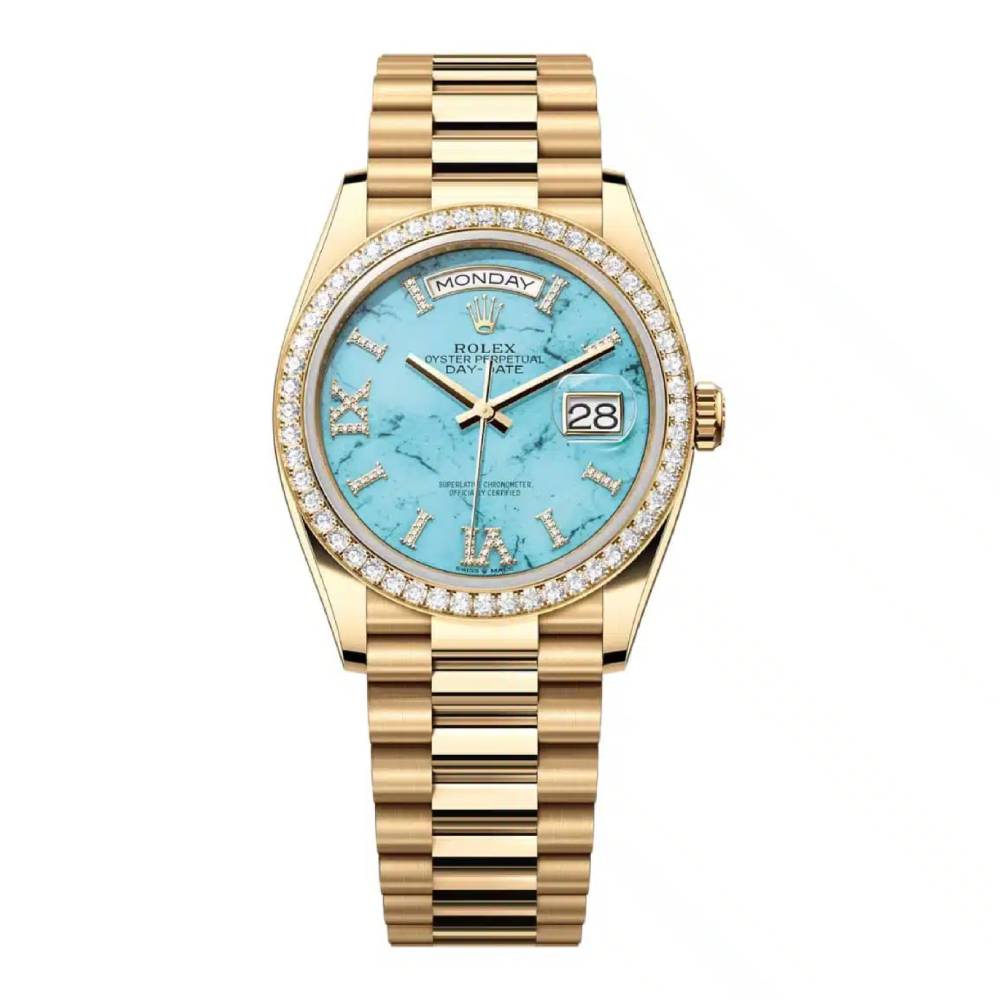 Rolex Day Date 36mm - Ref: 128348rbr-0037 - Blue Turquoise Diamond Dial & Diamond Bezel, 18K Yellow Gold President Bracelet Watch