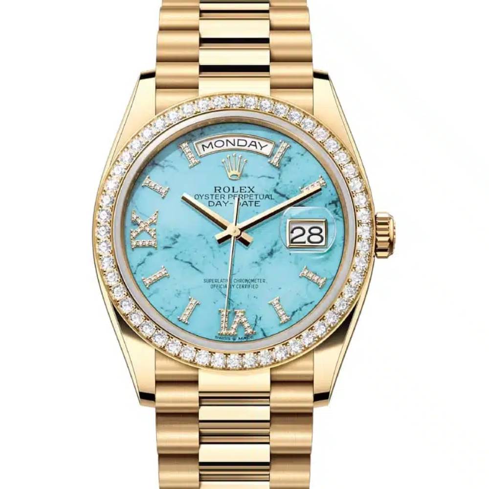 Rolex Day Date 36mm - Ref: 128348rbr-0037 - Blue Turquoise Diamond Dial & Diamond Bezel, 18K Yellow Gold President Bracelet Watch