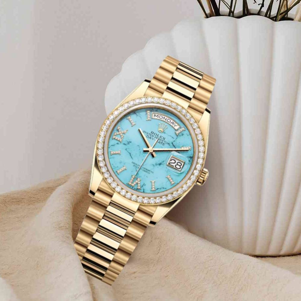 Rolex Day Date 36mm - Ref: 128348rbr-0037 - Blue Turquoise Diamond Dial & Diamond Bezel, 18K Yellow Gold President Bracelet Watch