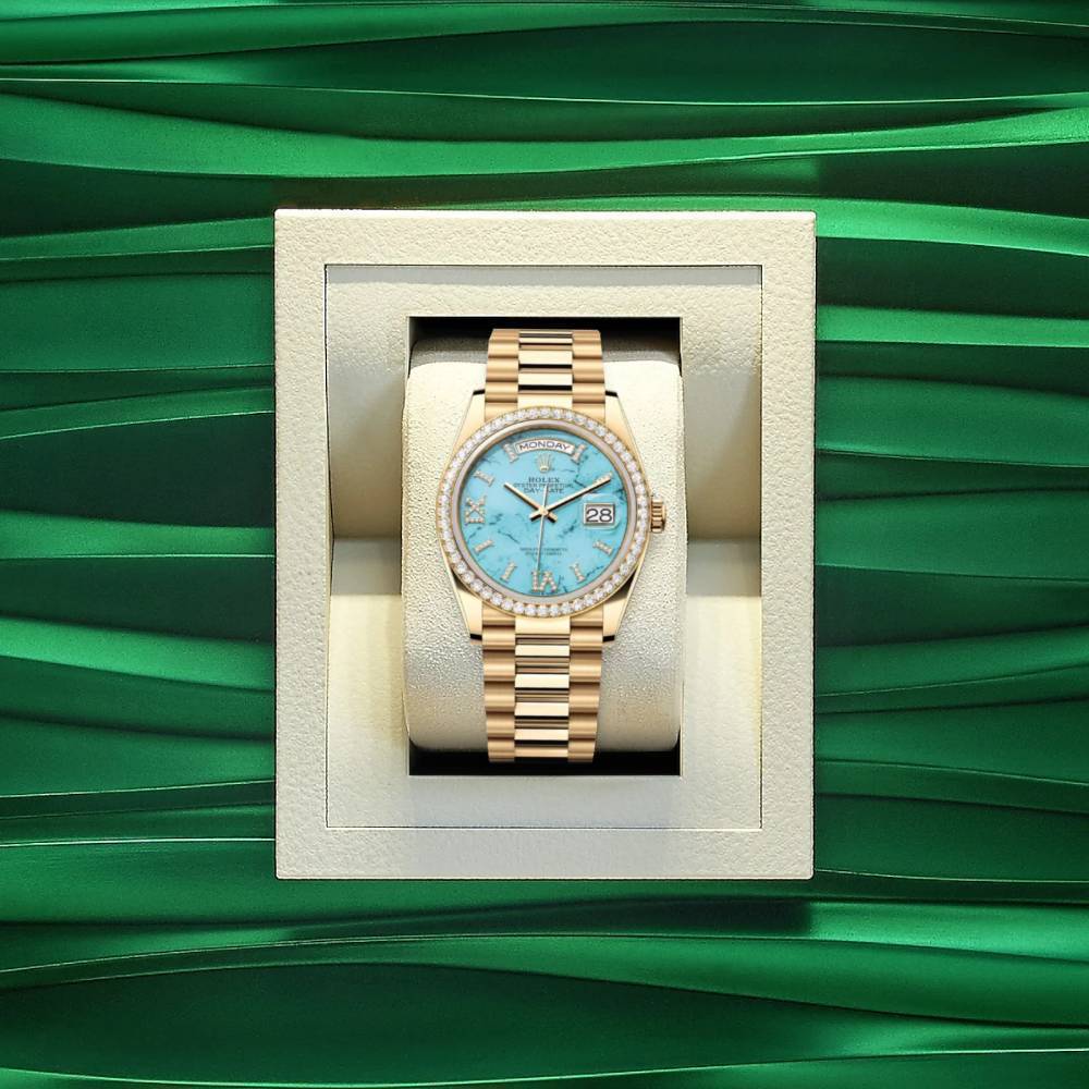 Rolex Day Date 36mm - Ref: 128348rbr-0037 - Blue Turquoise Diamond Dial & Diamond Bezel, 18K Yellow Gold President Bracelet Watch