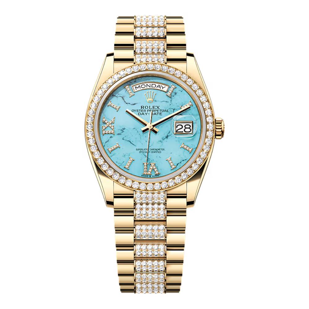 Rolex Day Date 36mm - Ref: 128348rbr-0038 - Blue Turquoise Diamond Dial & Diamond Bezel, 18K Yellow Gold & Diamonds President Bracelet Watch