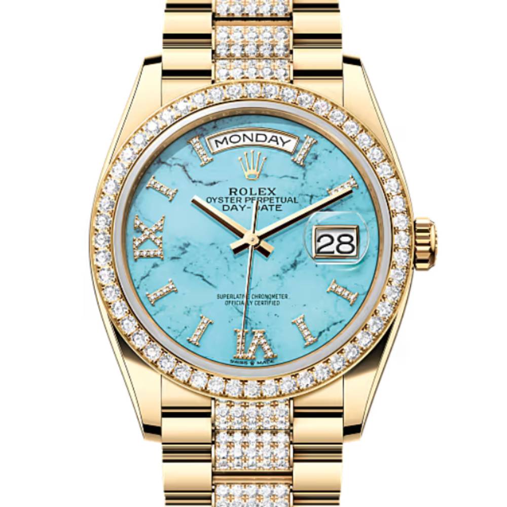 Rolex Day Date 36mm - Ref: 128348rbr-0038 - Blue Turquoise Diamond Dial & Diamond Bezel, 18K Yellow Gold & Diamonds President Bracelet Watch