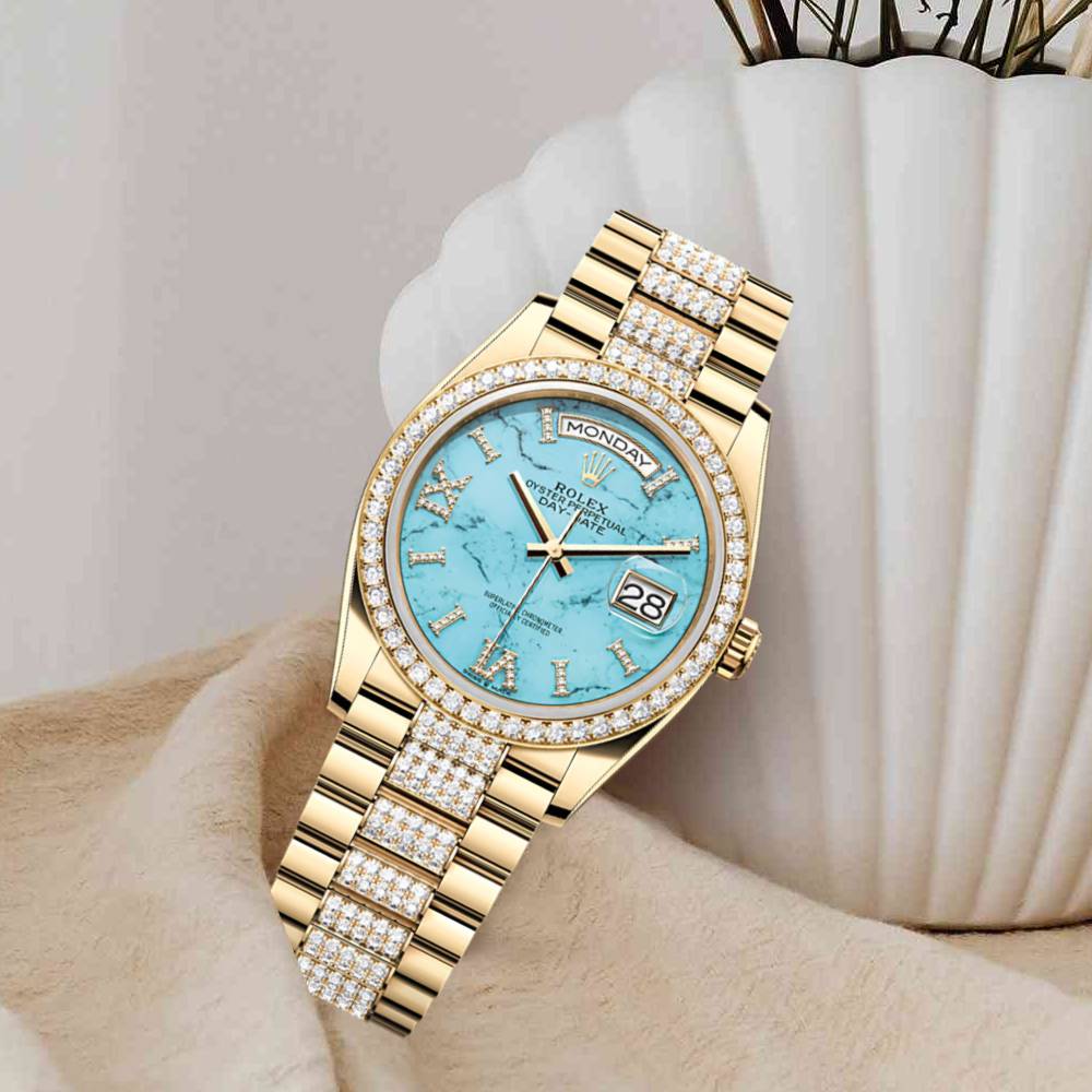 Rolex Day Date 36mm - Ref: 128348rbr-0038 - Blue Turquoise Diamond Dial & Diamond Bezel, 18K Yellow Gold & Diamonds President Bracelet Watch