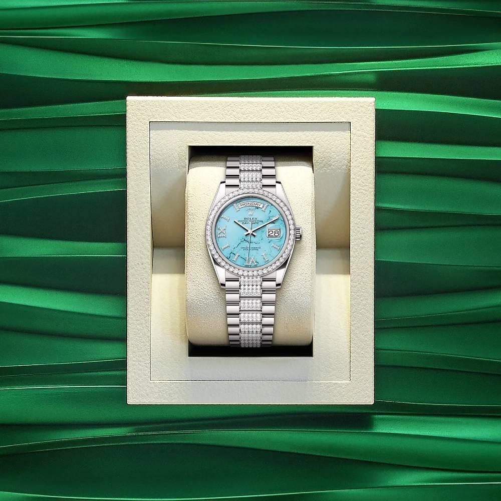 Rolex Day Date 36mm - Ref: 128349RBR - Blue Turquoise Diamond Dial & Diamond Bezel, 18K White Gold & Diamonds President Bracelet Watch