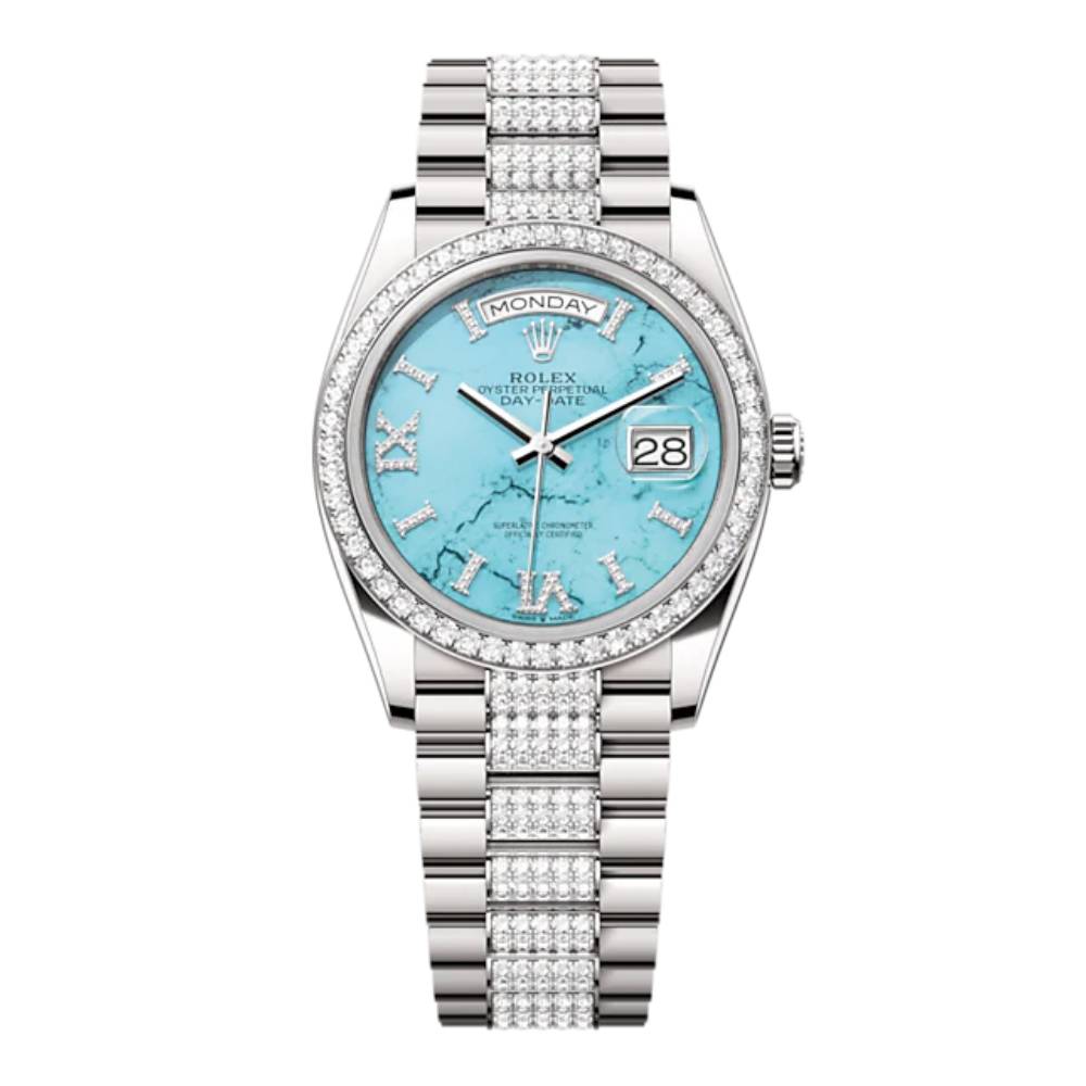 Rolex Day Date 36mm - Ref: 128349RBR - Blue Turquoise Diamond Dial & Diamond Bezel, 18K White Gold & Diamonds President Bracelet Watch