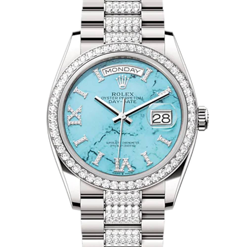 Rolex Day Date 36mm - Ref: 128349RBR - Blue Turquoise Diamond Dial & Diamond Bezel, 18K White Gold & Diamonds President Bracelet Watch