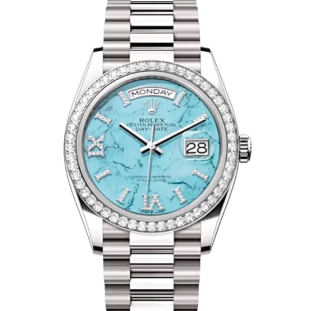 Rolex Day Date 36mm - Ref: 128349RBR - Blue Turquoise Diamond Dial & Diamond Bezel, 18K White Gold President Bracelet Watch