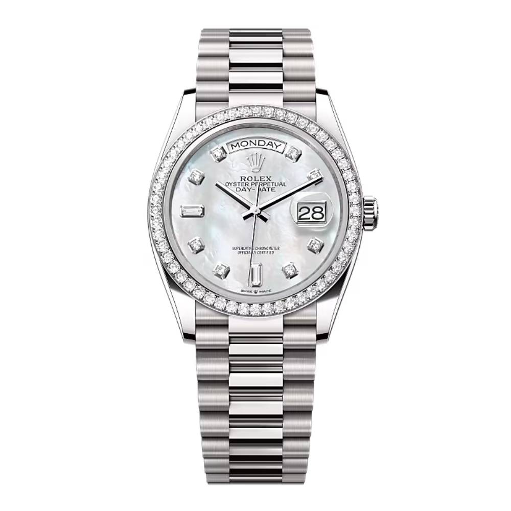 Rolex Day Date 36mm - Ref: 128349rbr-0004 - White Mother of Pearl Diamond Dial & Diamond Bezel, 18K White Gold President Bracelet Watch