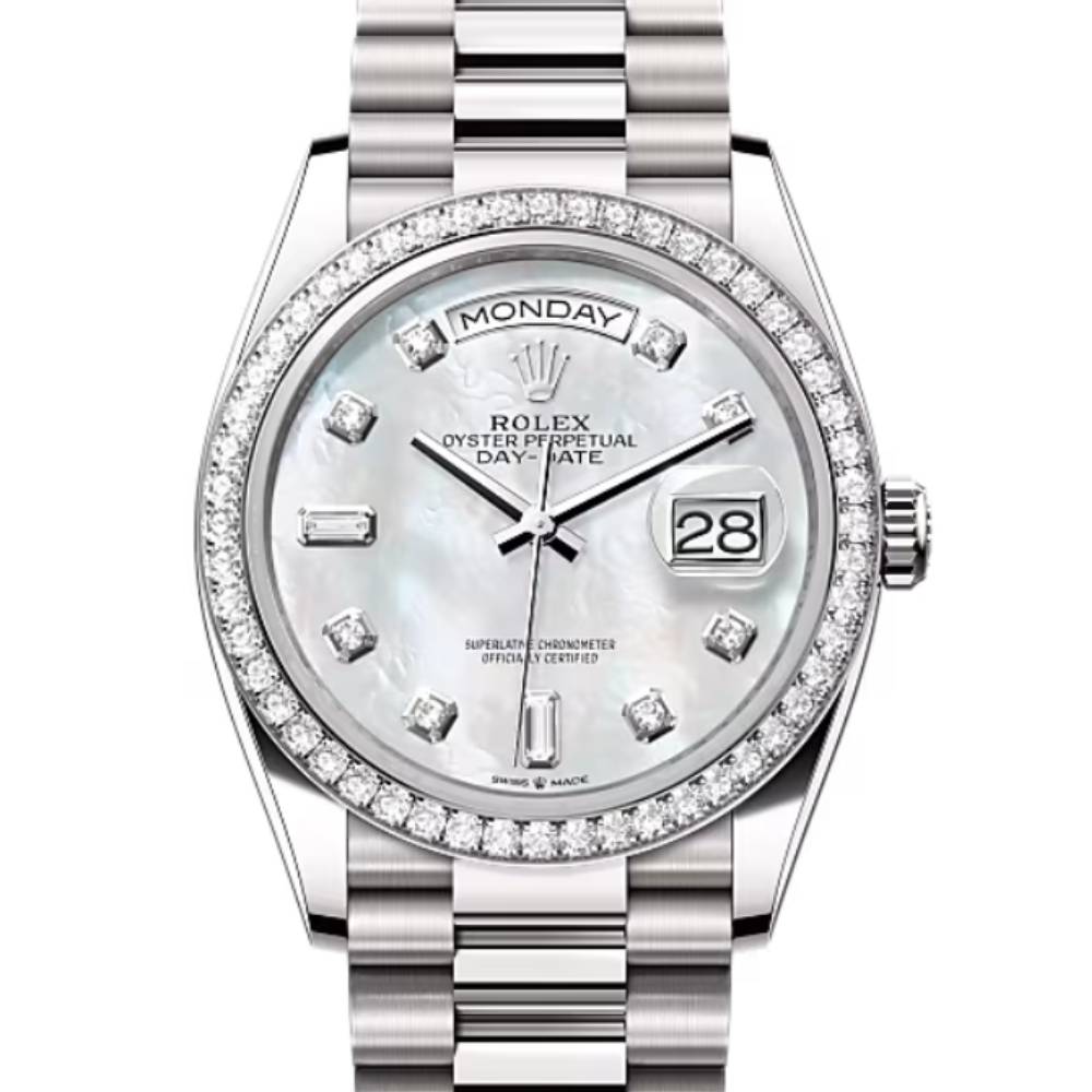 Rolex Day Date 36mm - Ref: 128349rbr-0004 - White Mother of Pearl Diamond Dial & Diamond Bezel, 18K White Gold President Bracelet Watch