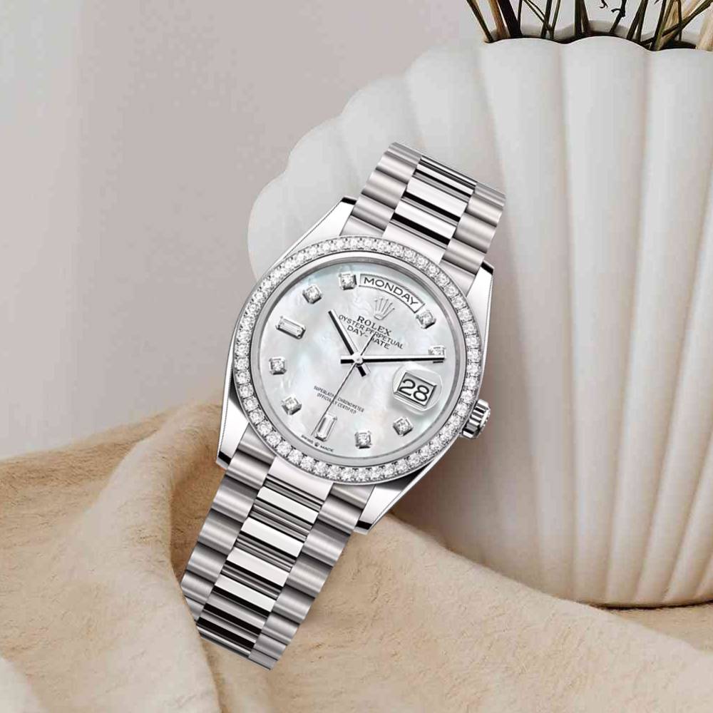 Rolex Day Date 36mm - Ref: 128349rbr-0004 - White Mother of Pearl Diamond Dial & Diamond Bezel, 18K White Gold President Bracelet Watch