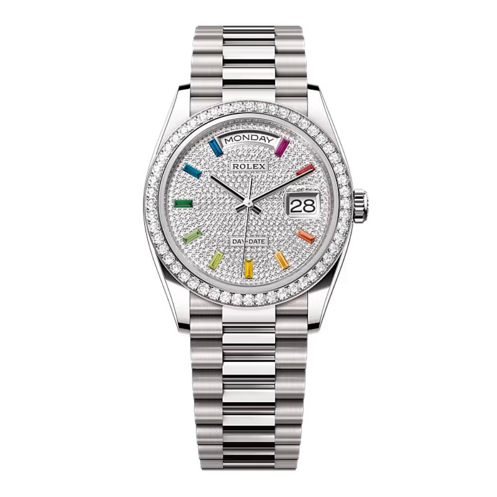 Rolex Day Date 36mm - Ref: 128349rbr-0006 - Pave Rainbow Diamond Dial & Diamond Bezel, 18K White Gold President Bracelet Watch