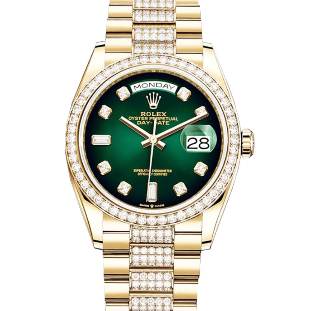 Rolex Day Date 36mm - Ref: 128348rbr-0036 - Green Ombre Diamond Dial & Diamond Bezel, 18K Yellow Gold & Diamonds President Bracelet Watch