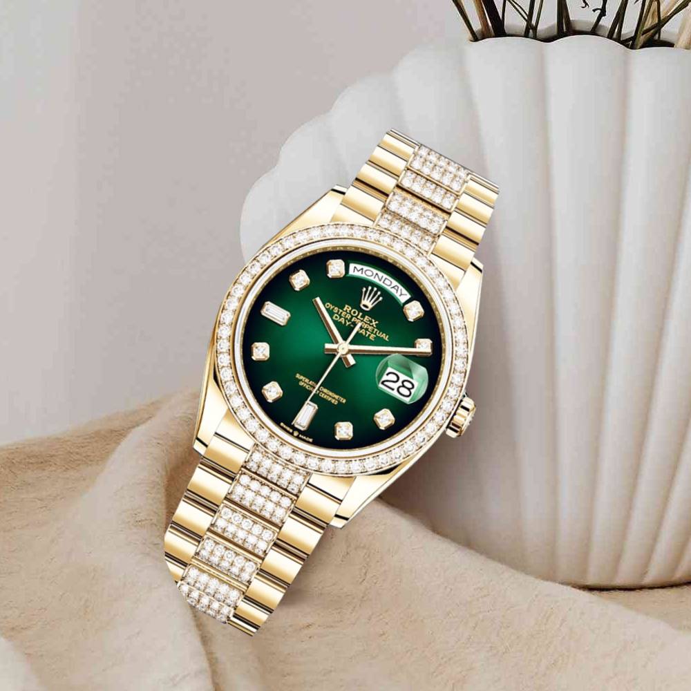 Rolex Day Date 36mm - Ref: 128348rbr-0036 - Green Ombre Diamond Dial & Diamond Bezel, 18K Yellow Gold & Diamonds President Bracelet Watch