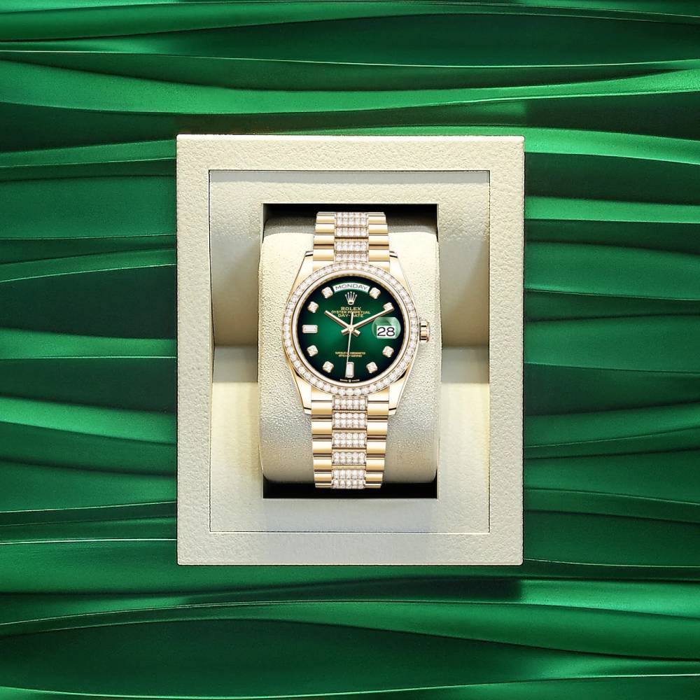 Rolex Day Date 36mm - Ref: 128348rbr-0036 - Green Ombre Diamond Dial & Diamond Bezel, 18K Yellow Gold & Diamonds President Bracelet Watch