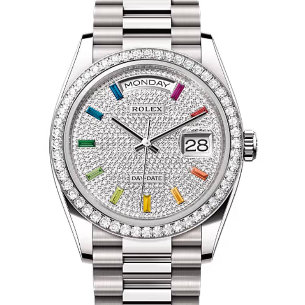 Rolex Day Date 36mm - Ref: 128349rbr-0006 - Pave Rainbow Diamond Dial & Diamond Bezel, 18K White Gold President Bracelet Watch