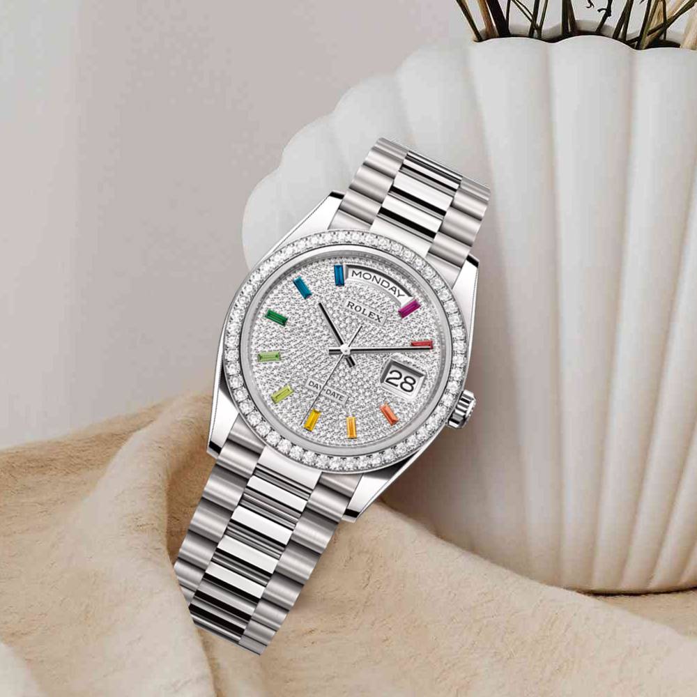 Rolex Day Date 36mm - Ref: 128349rbr-0006 - Pave Rainbow Diamond Dial & Diamond Bezel, 18K White Gold President Bracelet Watch