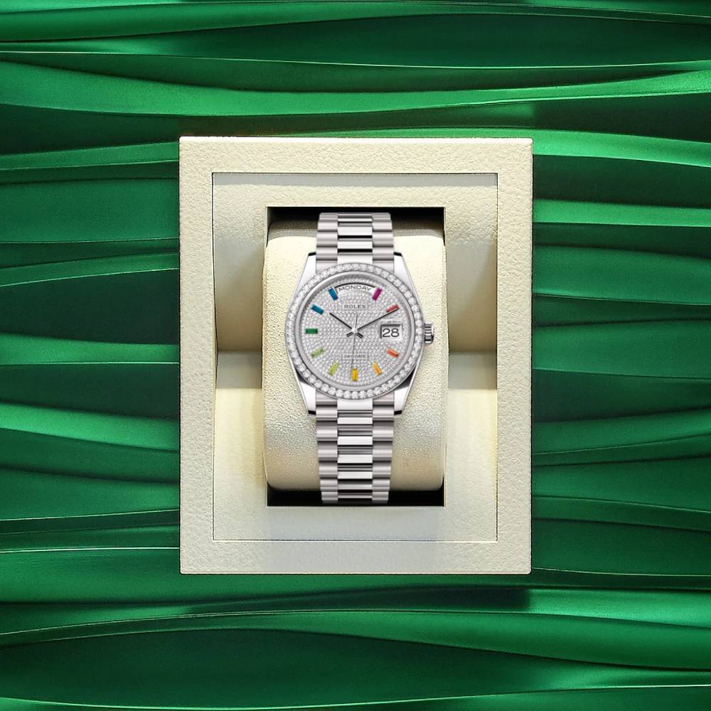 Rolex Day Date 36mm - Ref: 128349rbr-0006 - Pave Rainbow Diamond Dial & Diamond Bezel, 18K White Gold President Bracelet Watch