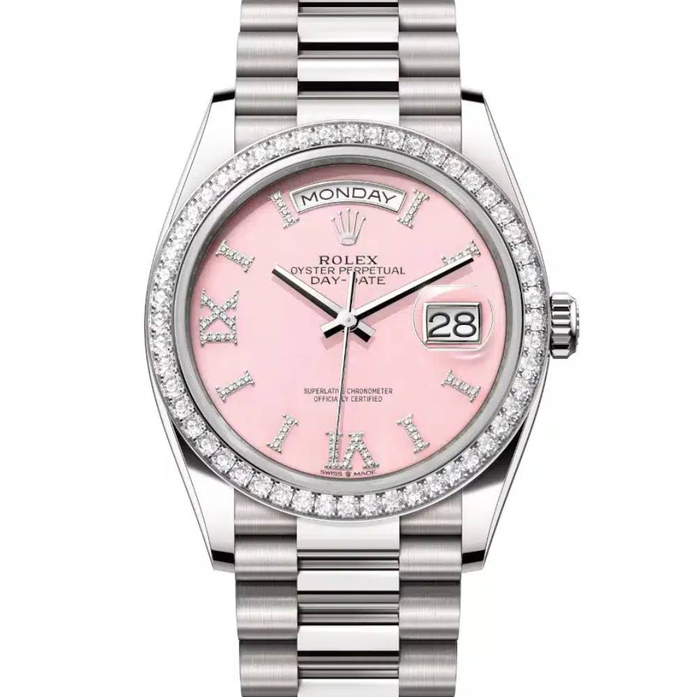 Rolex Day Date 36mm - Ref: 128349rbr-0008 - Pink Opal Diamond Dial & Diamond Bezel, 18K White Gold President Bracelet Watch