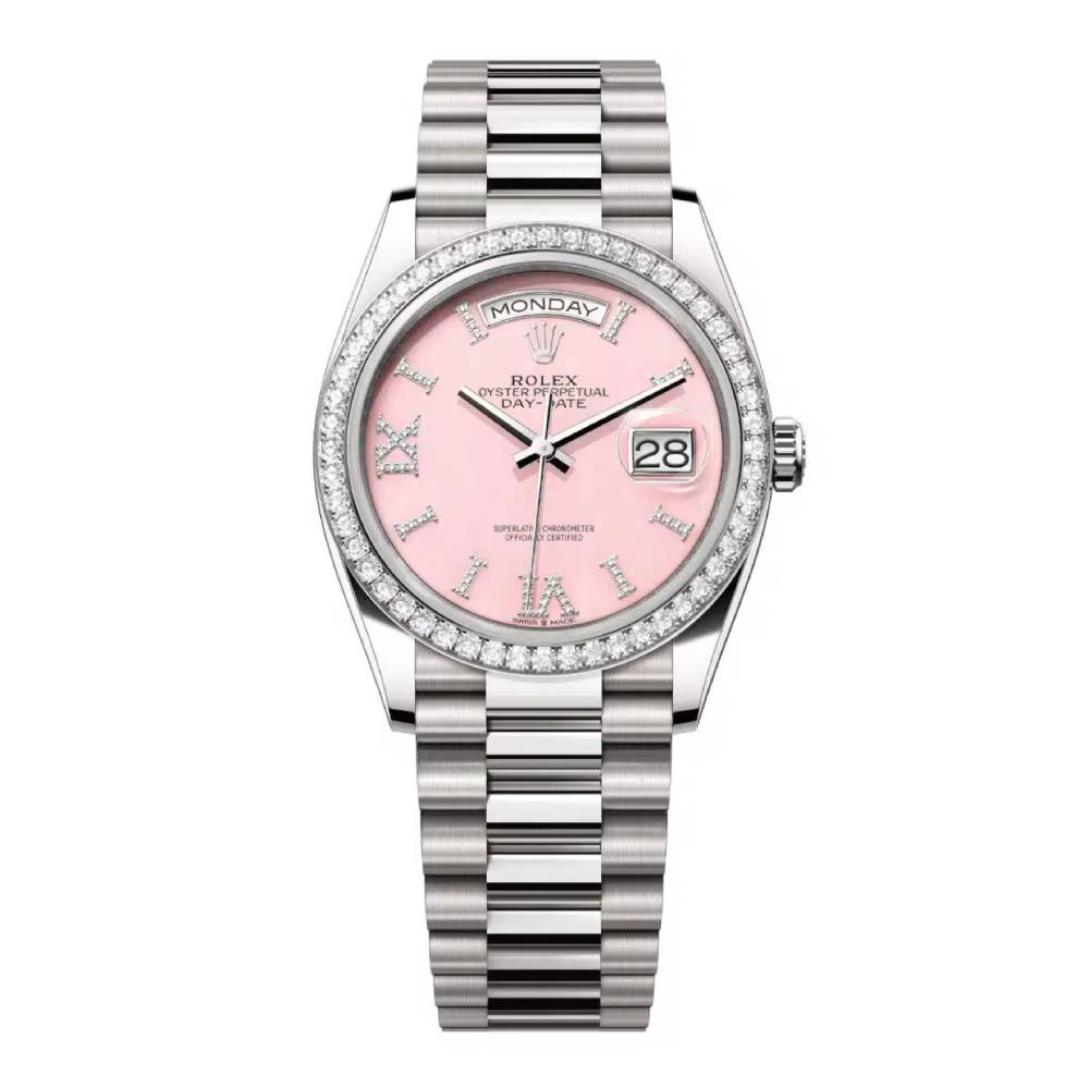 Rolex Day Date 36mm - Ref: 128349rbr-0008 - Pink Opal Diamond Dial & Diamond Bezel, 18K White Gold President Bracelet Watch