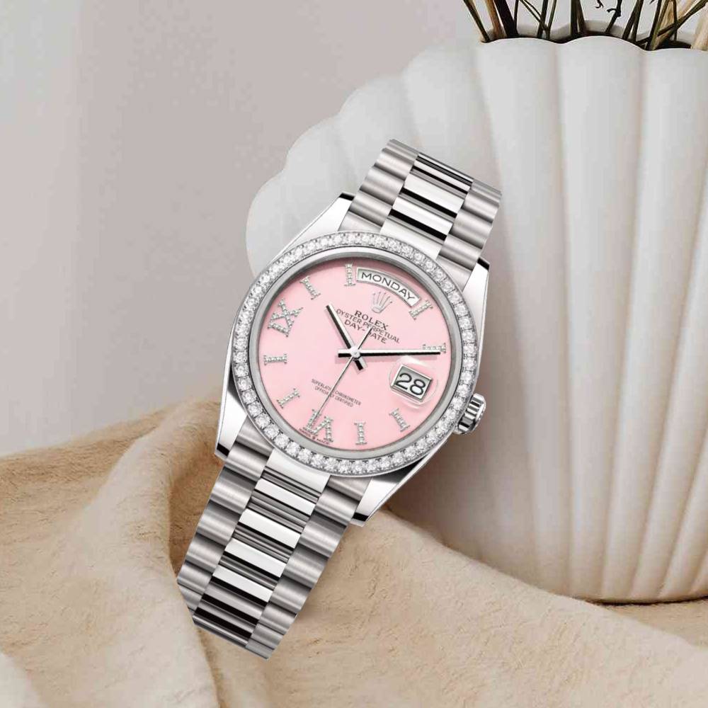 Rolex Day Date 36mm - Ref: 128349rbr-0008 - Pink Opal Diamond Dial & Diamond Bezel, 18K White Gold President Bracelet Watch