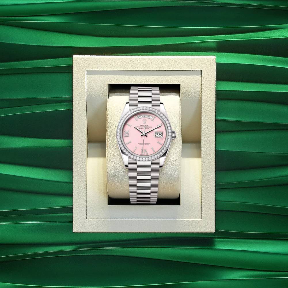 Rolex Day Date 36mm - Ref: 128349rbr-0008 - Pink Opal Diamond Dial & Diamond Bezel, 18K White Gold President Bracelet Watch