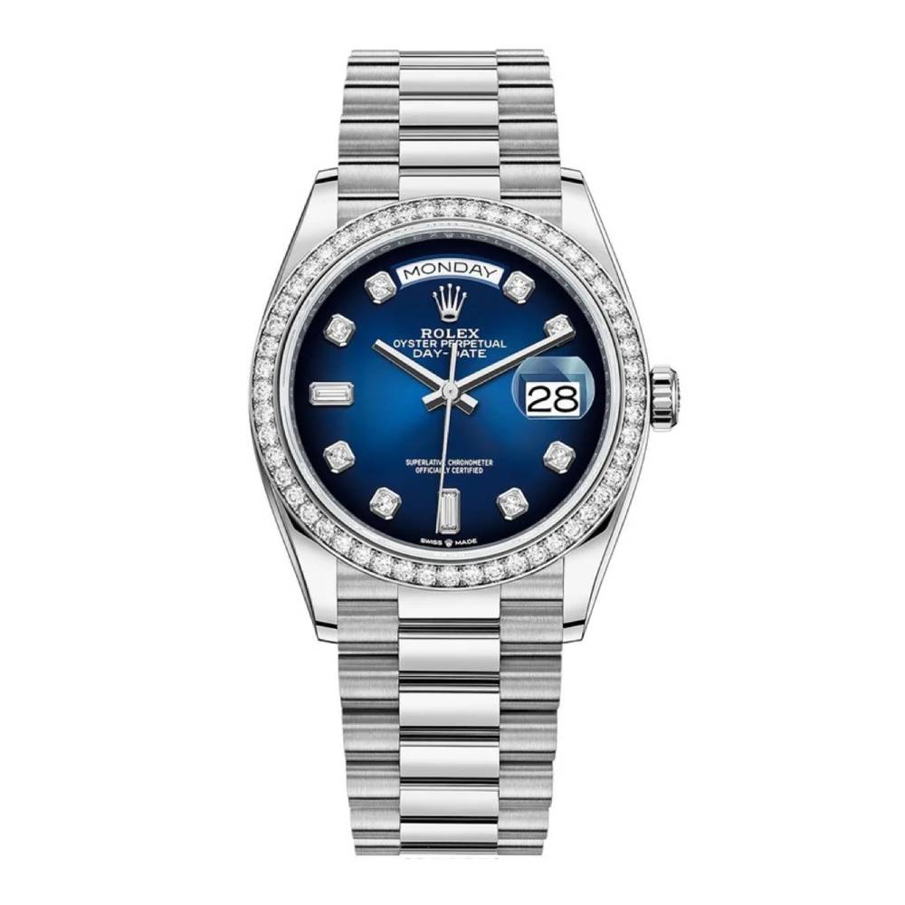 Rolex Day Date 36mm - Ref: 128349rbr-0010 - Blue Ombre Diamond Dial & Diamond Bezel, 18K White Gold President Bracelet Watch