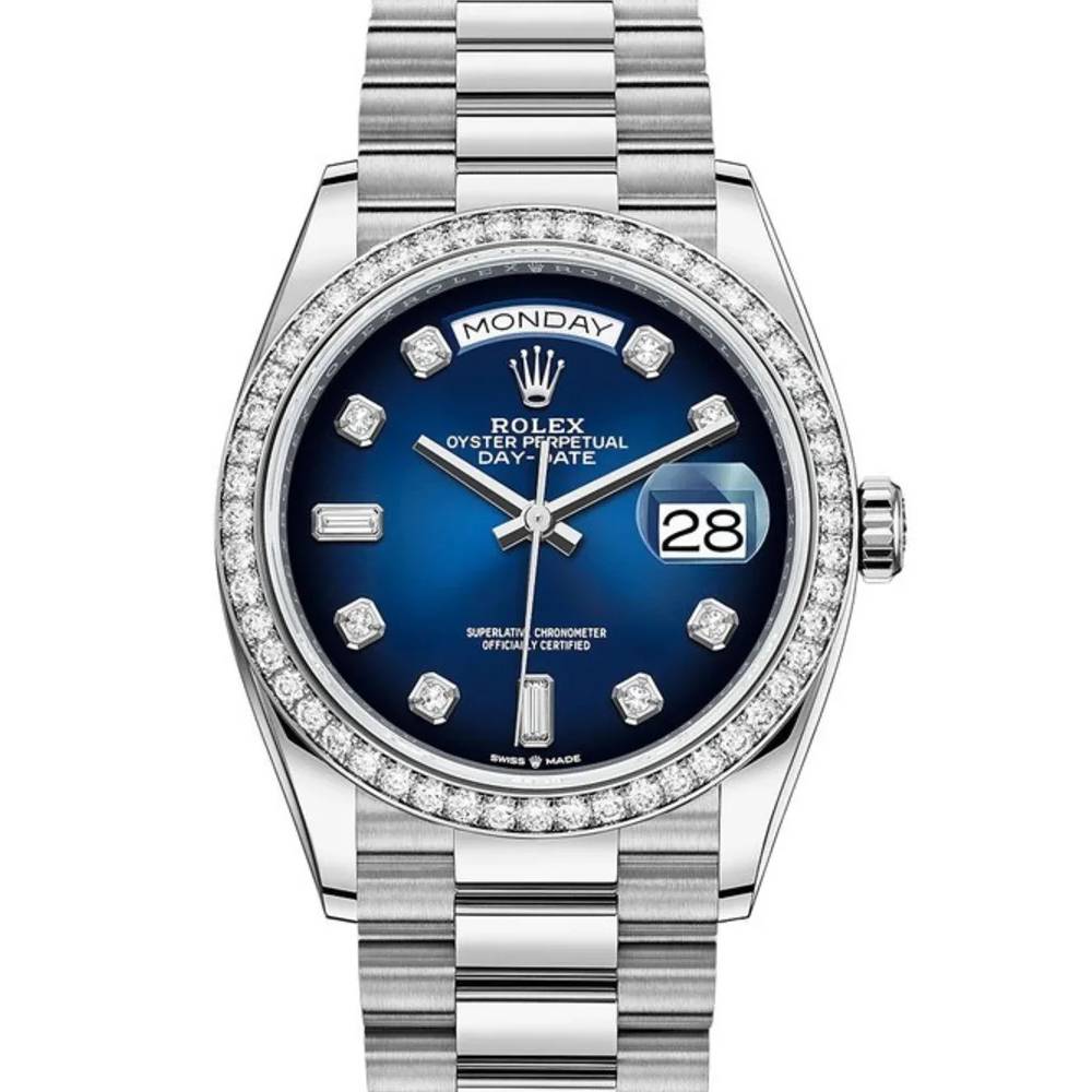 Rolex Day Date 36mm - Ref: 128349rbr-0010 - Blue Ombre Diamond Dial & Diamond Bezel, 18K White Gold President Bracelet Watch