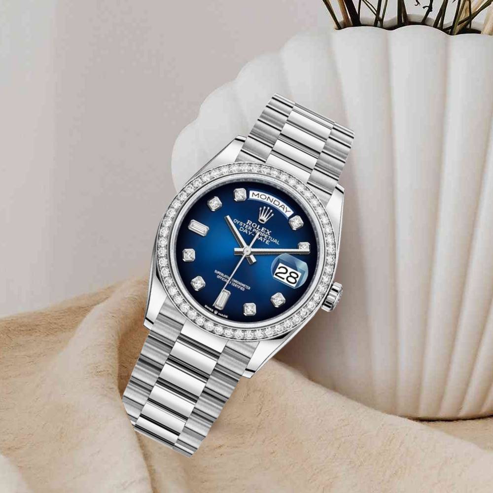 Rolex Day Date 36mm - Ref: 128349rbr-0010 - Blue Ombre Diamond Dial & Diamond Bezel, 18K White Gold President Bracelet Watch