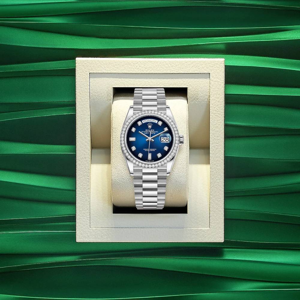 Rolex Day Date 36mm - Ref: 128349rbr-0010 - Blue Ombre Diamond Dial & Diamond Bezel, 18K White Gold President Bracelet Watch