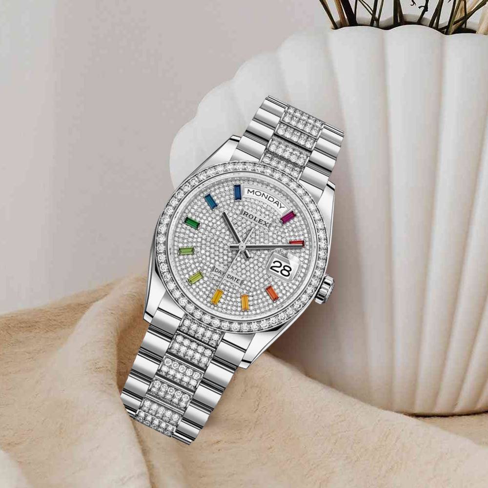 Rolex Day Date 36mm - Ref: 128349rbr-0012 - Pave Rainbow Diamond Dial & Diamond Bezel, 18K White Gold & Diamonds President Bracelet Watch