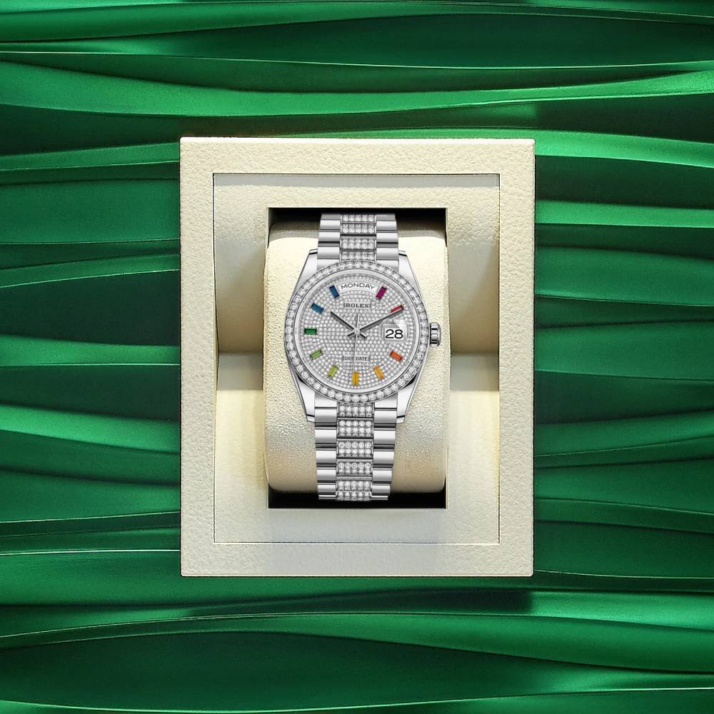 Rolex Day Date 36mm - Ref: 128349rbr-0012 - Pave Rainbow Diamond Dial & Diamond Bezel, 18K White Gold & Diamonds President Bracelet Watch