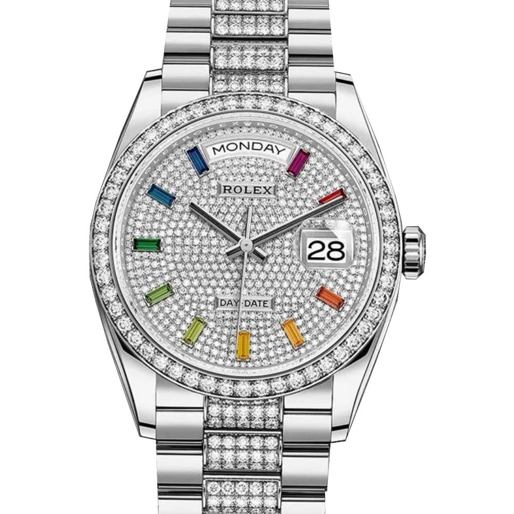 Rolex Day Date 36mm - Ref: 128349rbr-0012 - Pave Rainbow Diamond Dial & Diamond Bezel, 18K White Gold & Diamonds President Bracelet Watch