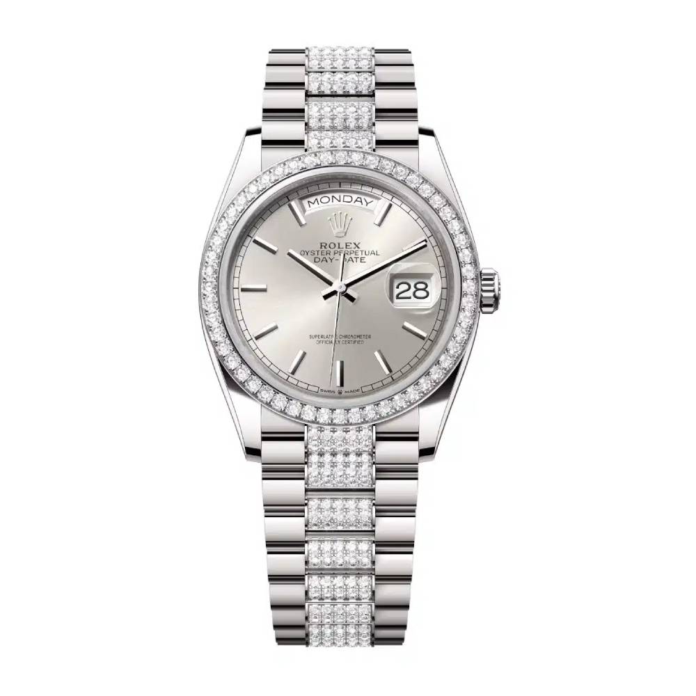 Rolex Day Date 36mm - Ref: 128349rbr-0013 - Silver Stick Dial & Diamond Bezel, 18K White Gold & Diamonds President Bracelet Watch