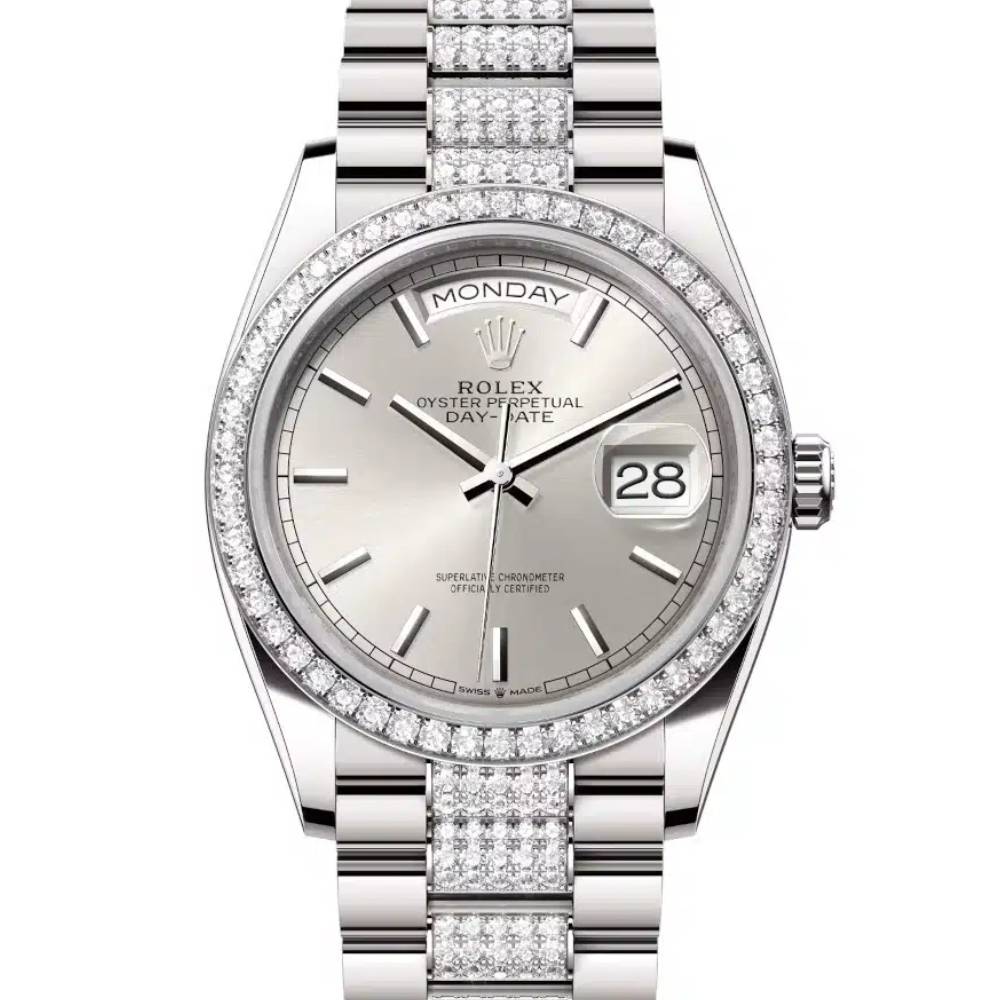 Rolex Day Date 36mm - Ref: 128349rbr-0013 - Silver Stick Dial & Diamond Bezel, 18K White Gold & Diamonds President Bracelet Watch