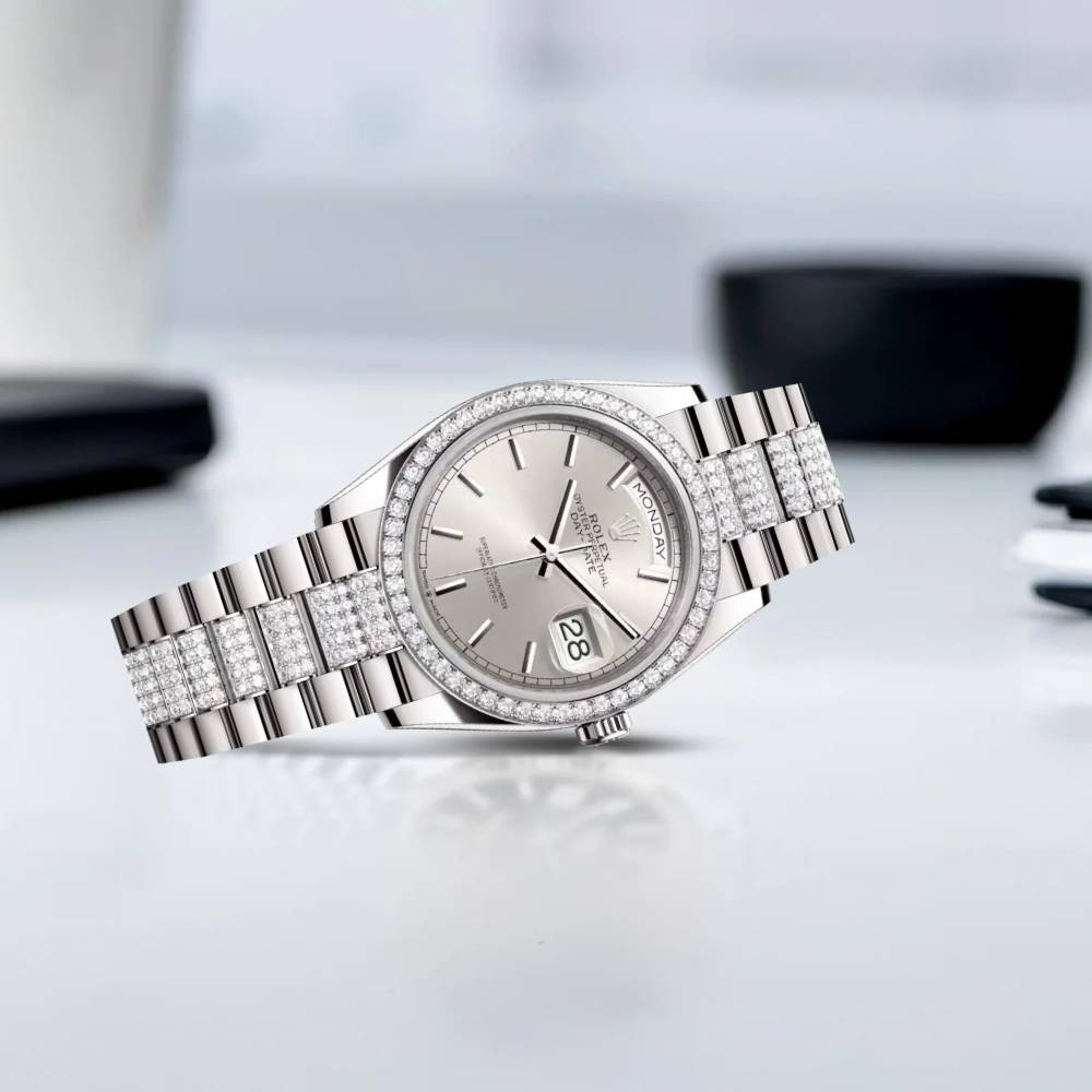 Rolex Day Date 36mm - Ref: 128349rbr-0013 - Silver Stick Dial & Diamond Bezel, 18K White Gold & Diamonds President Bracelet Watch