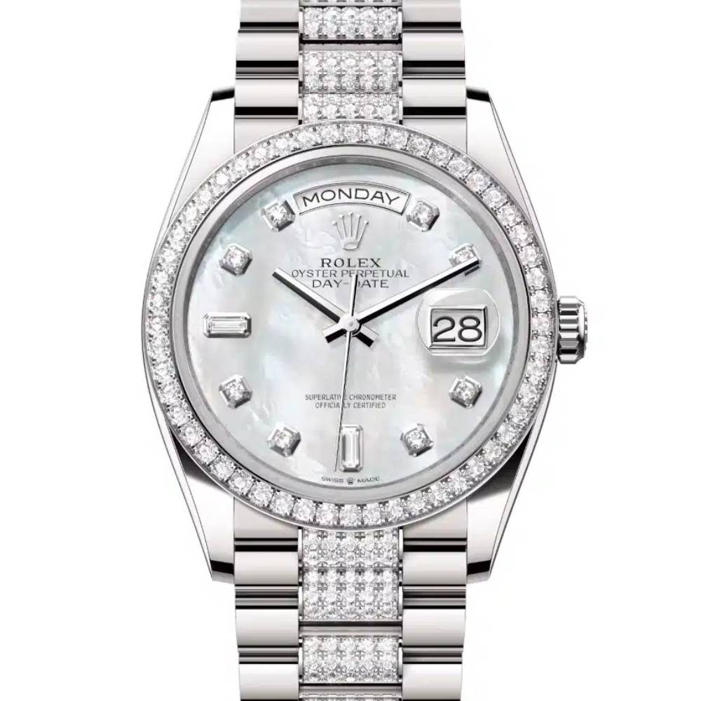 Rolex Day Date 36mm - Ref: 128349rbr-0014 - White Mother of Pearl Diamond Dial & Diamond Bezel, 18K White Gold & Diamonds President Bracelet Watch