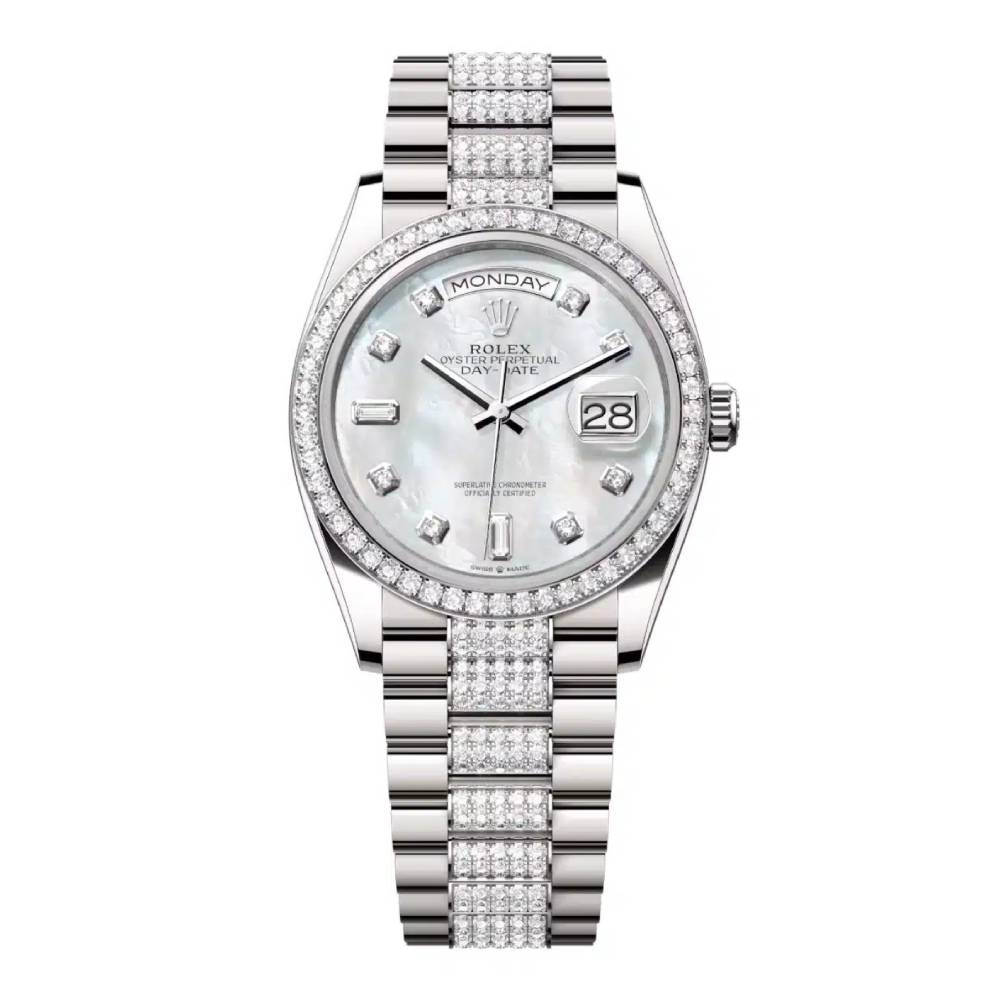 Rolex Day Date 36mm - Ref: 128349rbr-0014 - White Mother of Pearl Diamond Dial & Diamond Bezel, 18K White Gold & Diamonds President Bracelet Watch