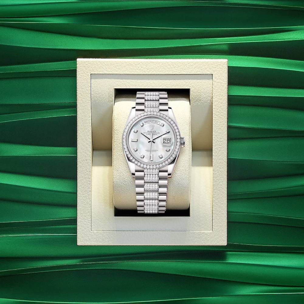 Rolex Day Date 36mm - Ref: 128349rbr-0014 - White Mother of Pearl Diamond Dial & Diamond Bezel, 18K White Gold & Diamonds President Bracelet Watch