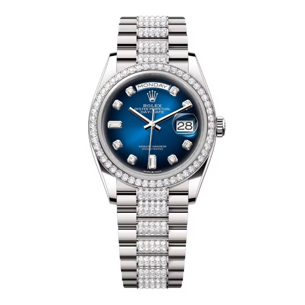 Rolex Day Date 36mm - Ref: 128349rbr-0016 - Blue Ombre Diamond Dial & Diamond Bezel, 18K White Gold & Diamonds President Bracelet Watch