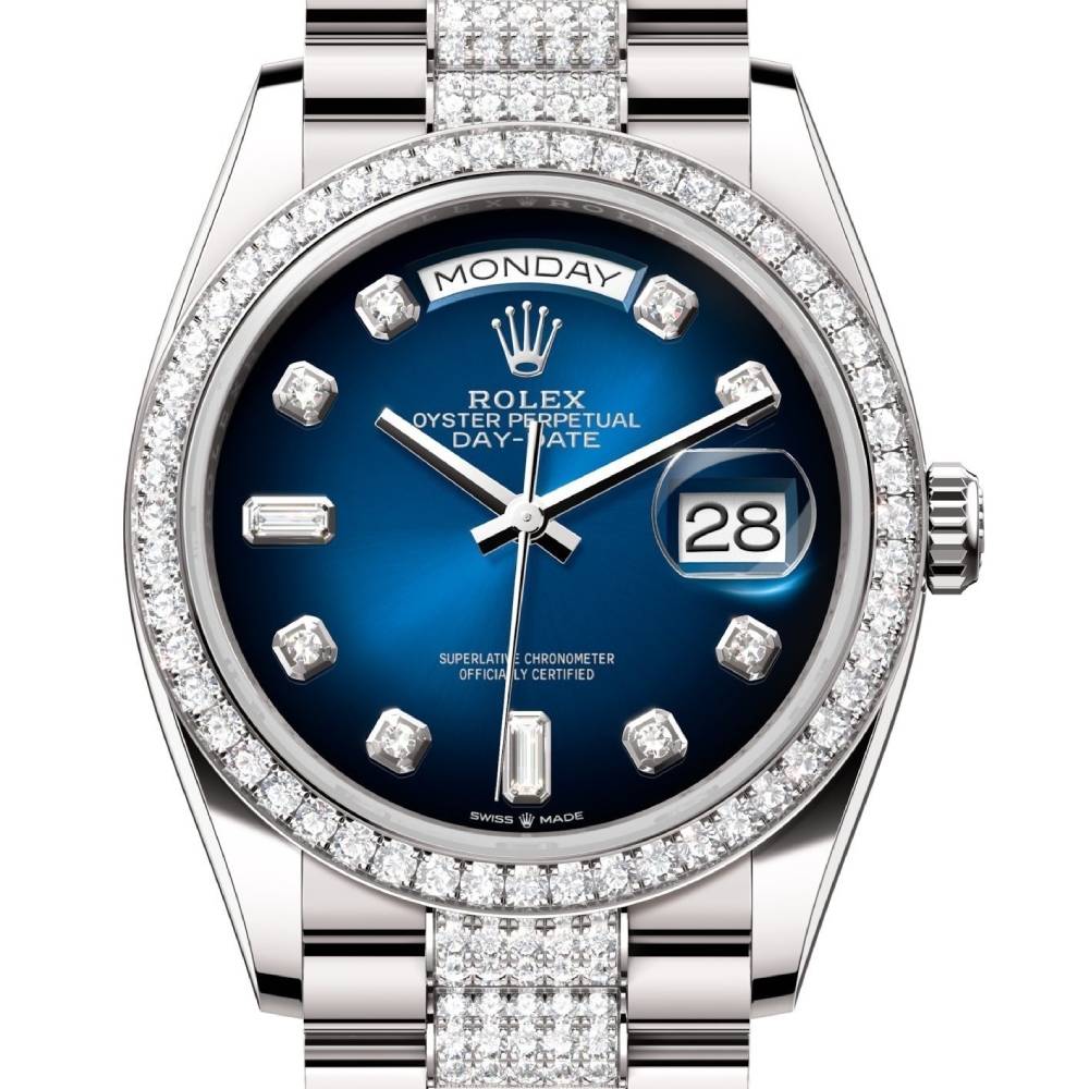 Rolex Day Date 36mm - Ref: 128349rbr-0016 - Blue Ombre Diamond Dial & Diamond Bezel, 18K White Gold & Diamonds President Bracelet Watch