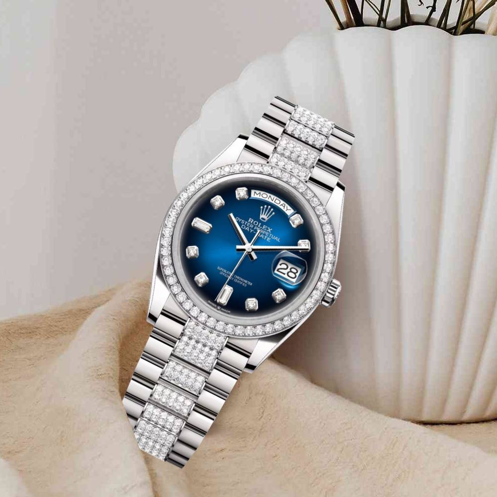 Rolex Day Date 36mm - Ref: 128349rbr-0016 - Blue Ombre Diamond Dial & Diamond Bezel, 18K White Gold & Diamonds President Bracelet Watch