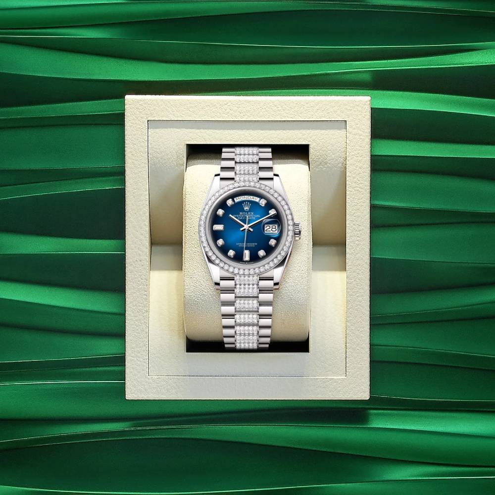 Rolex Day Date 36mm - Ref: 128349rbr-0016 - Blue Ombre Diamond Dial & Diamond Bezel, 18K White Gold & Diamonds President Bracelet Watch