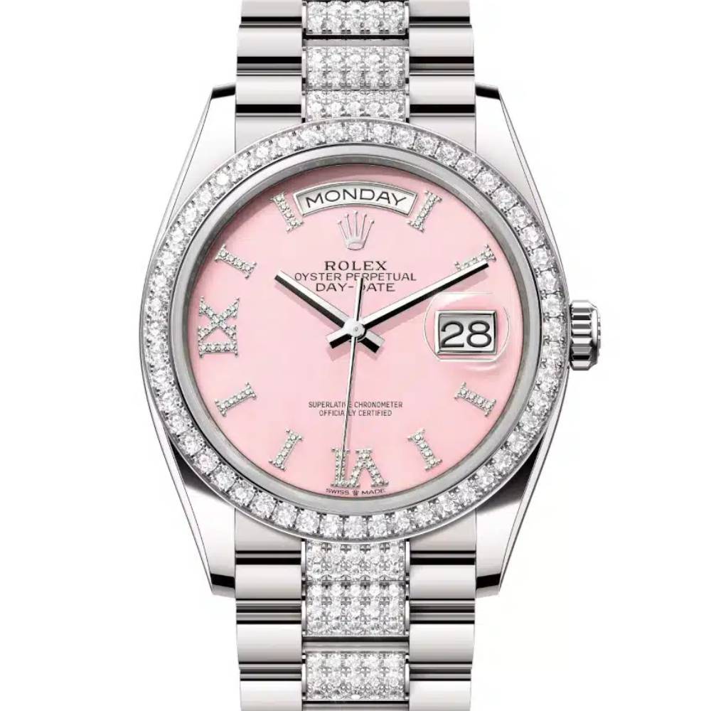 Rolex Day Date 36mm - Ref: 128349rbr-0017 - Pink Opal Diamond Dial & Diamond Bezel, 18K White Gold & Diamonds President Bracelet Watch