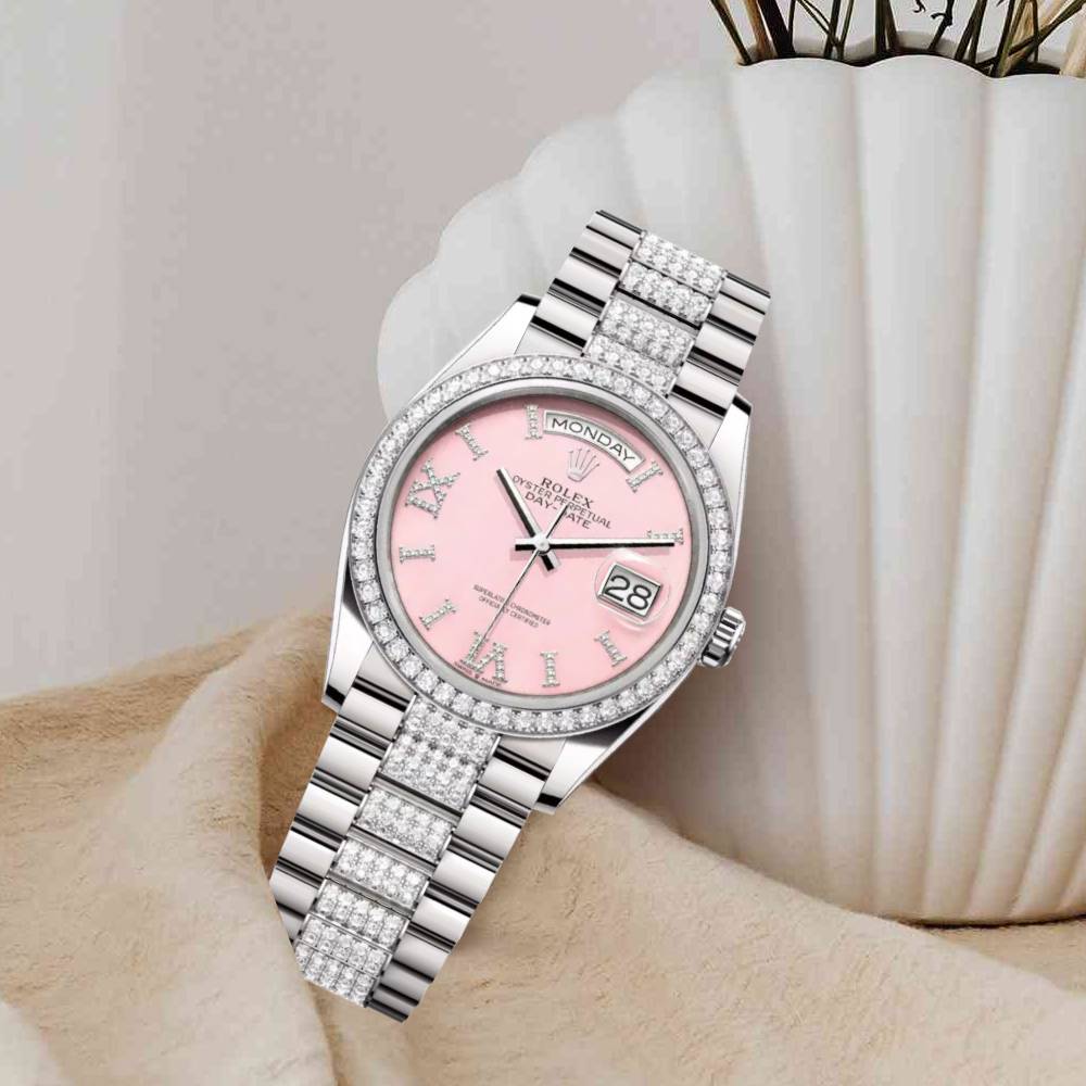 Rolex Day Date 36mm - Ref: 128349rbr-0017 - Pink Opal Diamond Dial & Diamond Bezel, 18K White Gold & Diamonds President Bracelet Watch