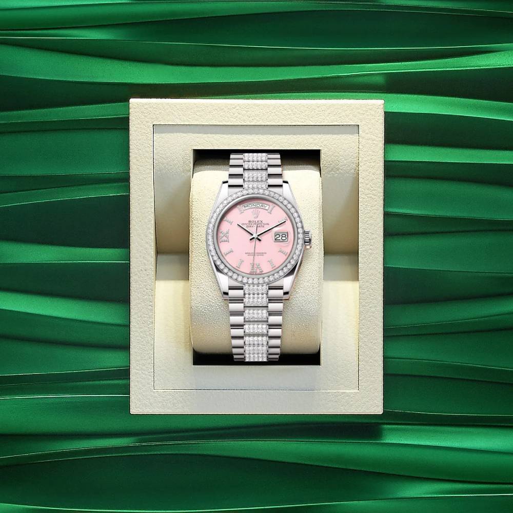 Rolex Day Date 36mm - Ref: 128349rbr-0017 - Pink Opal Diamond Dial & Diamond Bezel, 18K White Gold & Diamonds President Bracelet Watch