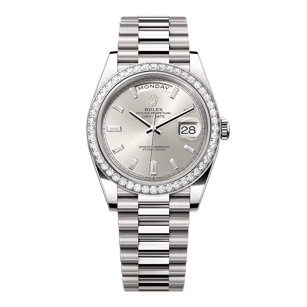 Rolex Day Date 36mm - Ref: 228349rbr-0001 - Silver Diamond Stick Dial & Diamond Bezel, 18K White Gold President Bracelet Watch