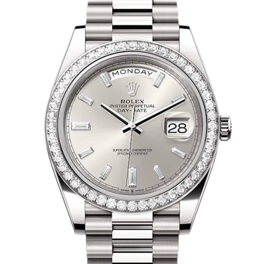 Rolex Day Date 36mm - Ref: 228349rbr-0001 - Silver Diamond Stick Dial & Diamond Bezel, 18K White Gold President Bracelet Watch