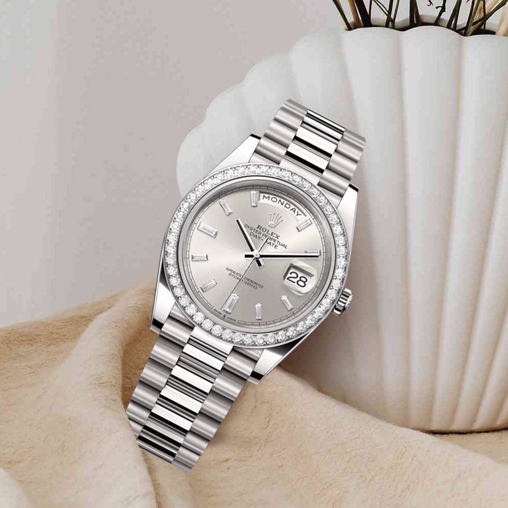 Rolex Day Date 36mm - Ref: 228349rbr-0001 - Silver Diamond Stick Dial & Diamond Bezel, 18K White Gold President Bracelet Watch